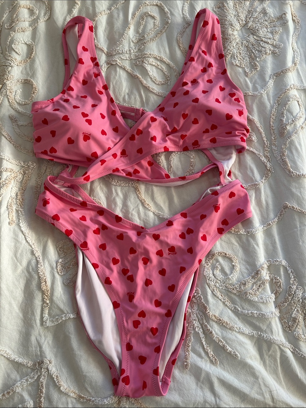 PINK Victoria's Secret Pink and red One-Piece Swim with hearts XXL